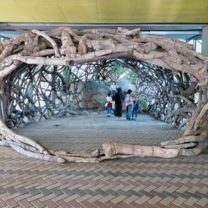 天神山文化プラザでは流木を組み立てた鯰が大きな口を開けて出迎えてくれました。 土地と作品が一体になった子ども達には一番人気の作品。 