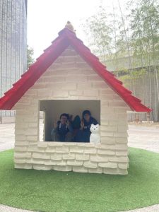 屋外展示作品の赤い屋根のおうちにも入れます。